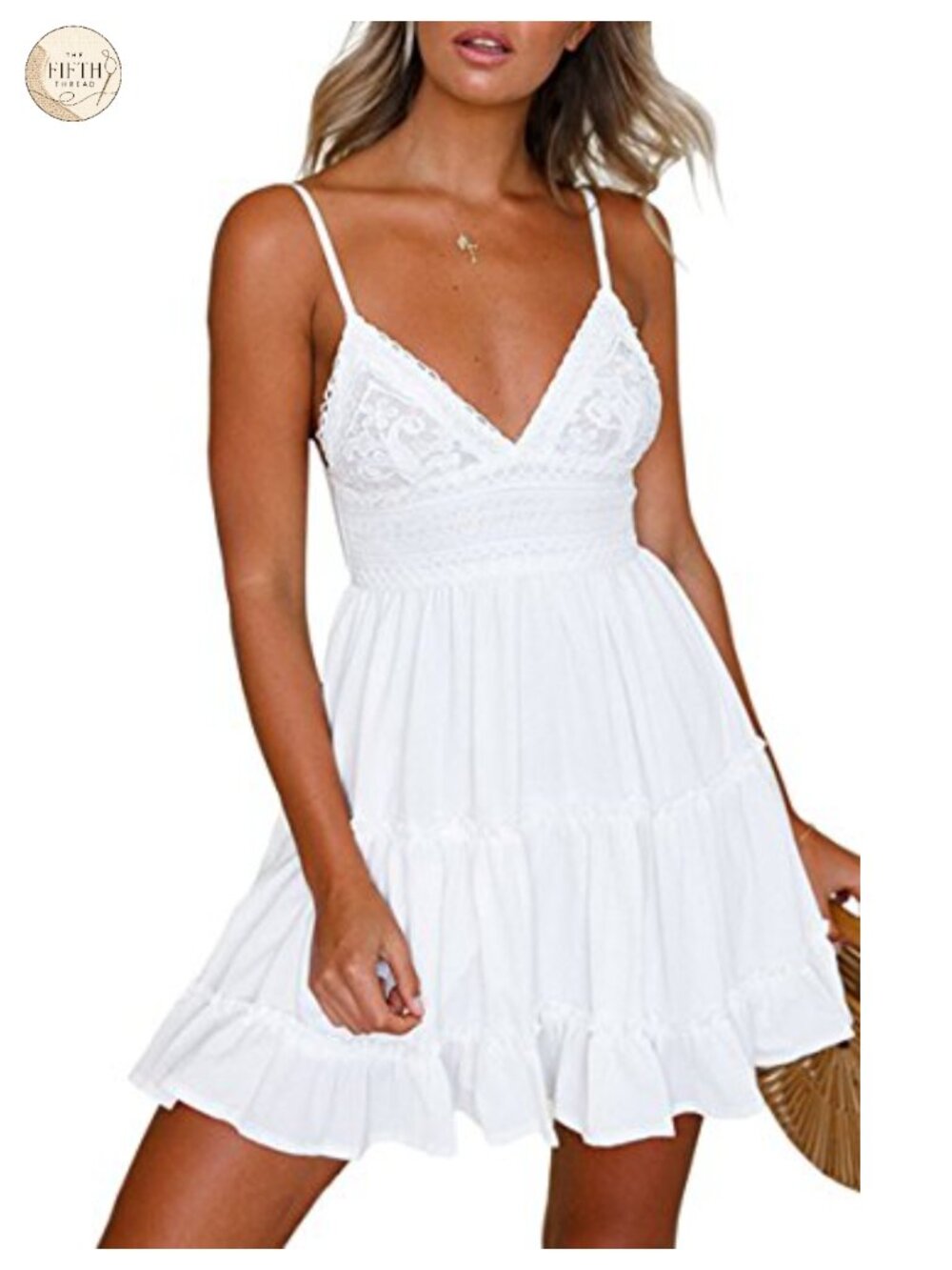 ECOWISH Women V-Neck Spaghetti Strap Backless Lace Mini Swing Dress